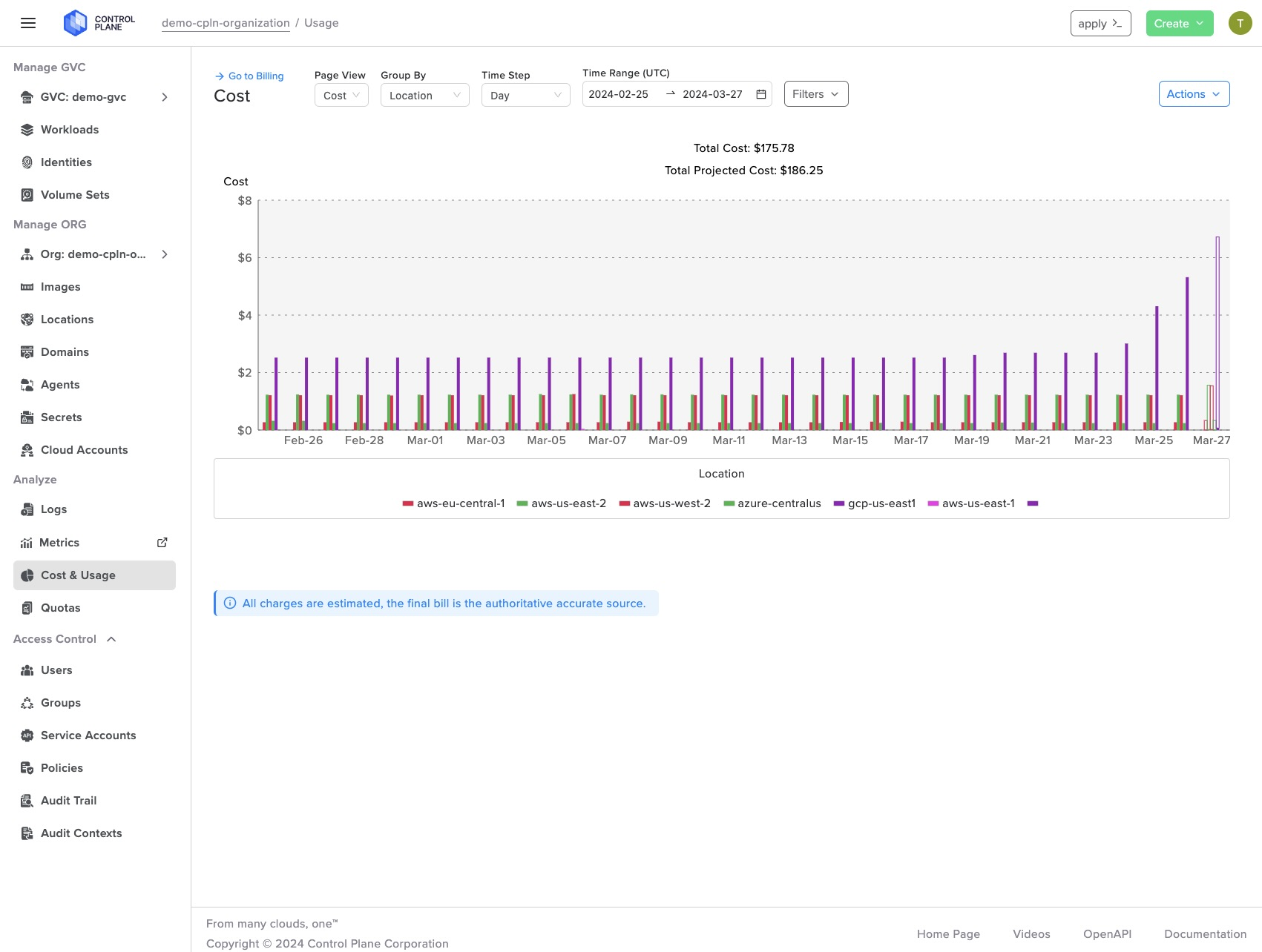 Screenshot shows data visualization of current and projected costs for a GVC, Control Plane’s proprietary Global Virtual Cloud