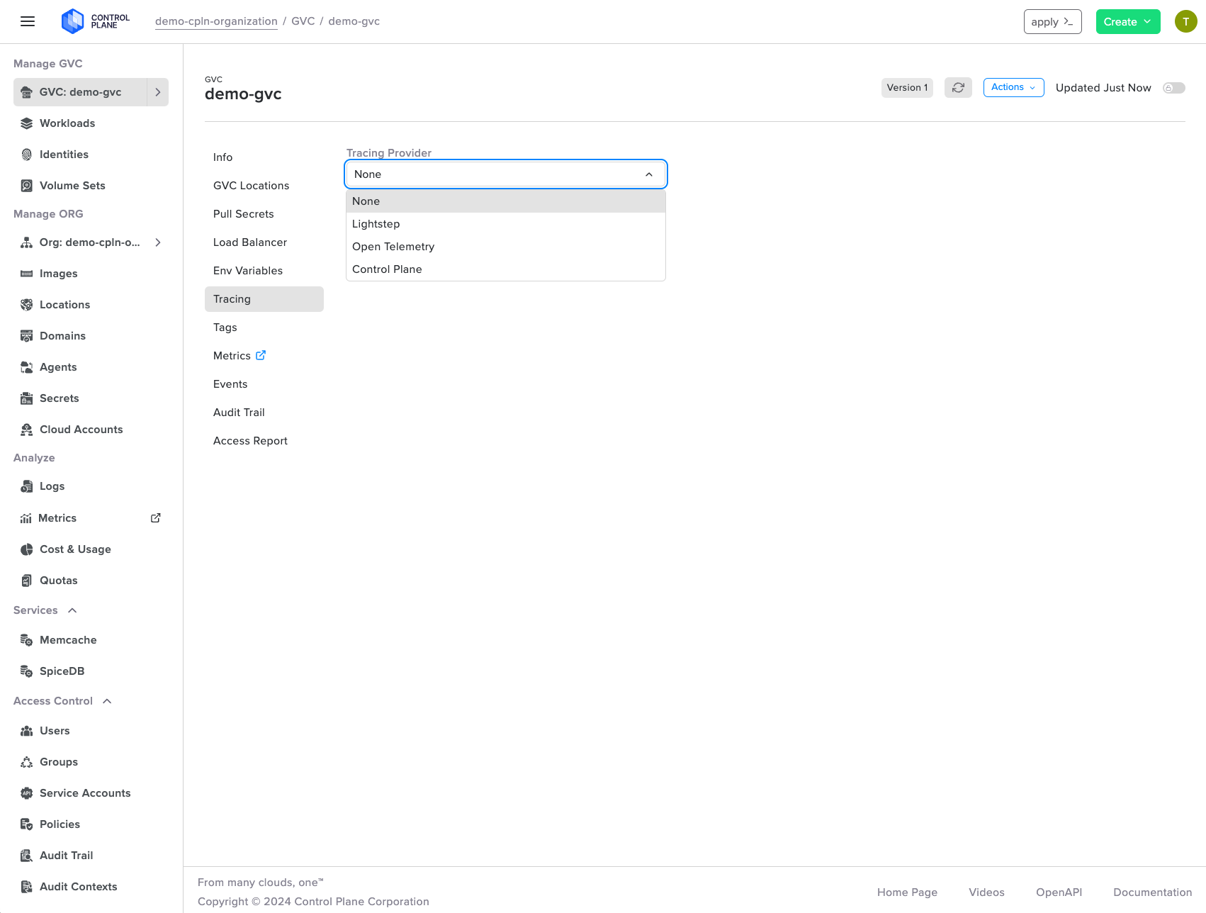 Screenshot showcases the Control Plane's seamless integration with leading tracing providers like Lightstep, OpenTelemetry, and its own native tracing capabilities.